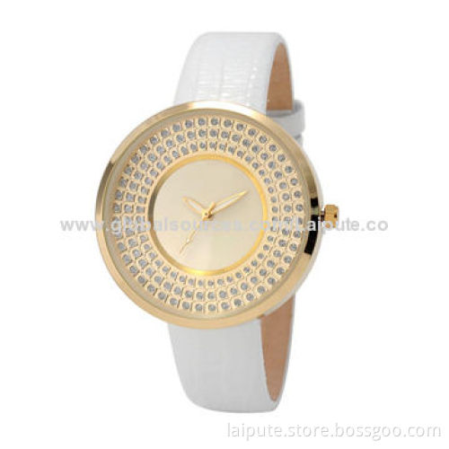 Newest ladies' watch with crystals, alloy case and leather bandNew